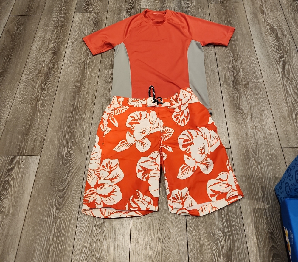 Lands' End Orange Short-Sleeve Rash Guard with Orange Floral Swim Shorts